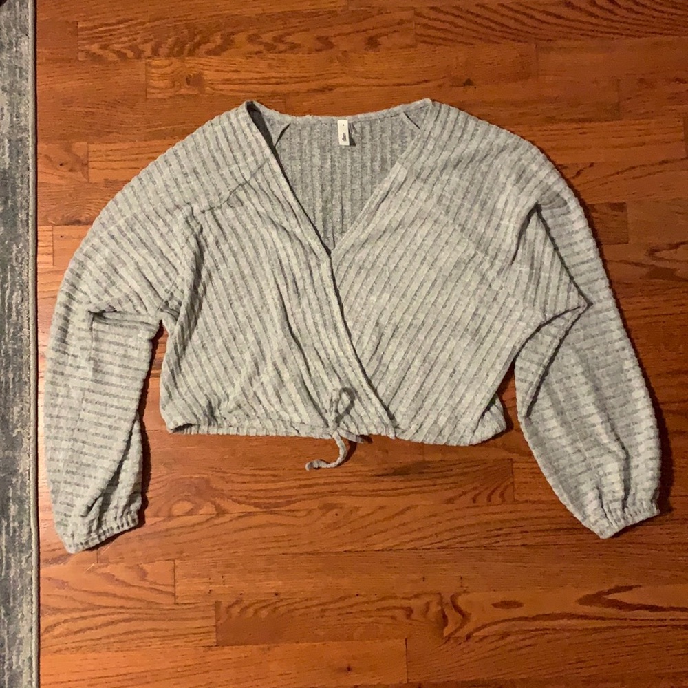grey soft sweater, tie at the bottom. from a little boutique in virginia beach